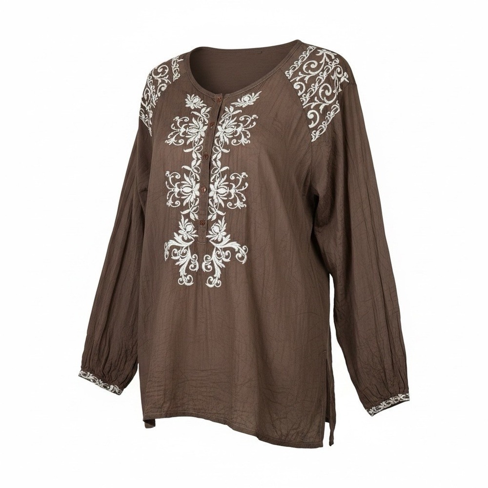 Johnny Was Tunic Size L Brown Embroidered Long Sleeve Boho Feminine Elegant Cali - Picture 2 of 10